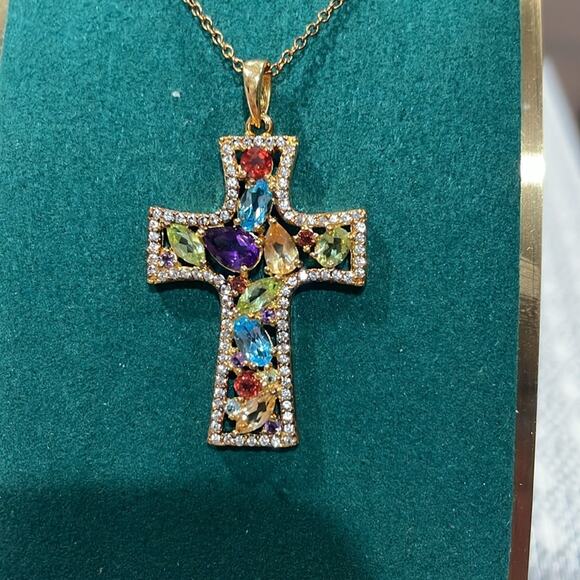 18 Kt Yellow Gold Over Sterling Silver with Multi Gem & CR Sapphire - Picture 2 of 4